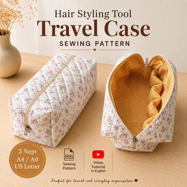Pu&ograve; includere: Un cartamodello per custodia da viaggio per strumenti per lo styling dei capelli, in tessuto trapuntato bianco con piccola stampa floreale rosa e gialla. L'interno &egrave; foderato con tessuto a quadretti vichy giallo e bianco. Testo: Hair Styling Tool Travel Case.