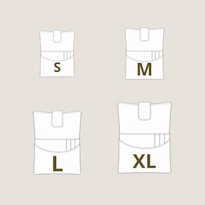 May include: A set of four white line-art illustrations of rectangular pouches with a top flap closure and internal card slots. The pouches are labeled with brown letters S, M, L, and XL to indicate four distinct sizes in a grid layout.