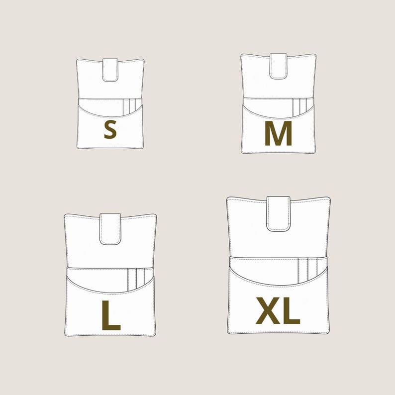 May include: A set of four white line-art illustrations of rectangular pouches with a top flap closure and internal card slots. The pouches are labeled with brown letters S, M, L, and XL to indicate four distinct sizes in a grid layout.