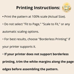 Pu&ograve; includere: Un documento intitolato Printing Instructions con il logo di una macchina da cucire nell'angolo in alto a destra. Il testo fornisce indicazioni sulla stampa di un cartamodello in scala 100%, evitando il ridimensionamento automatico e rifilando.
