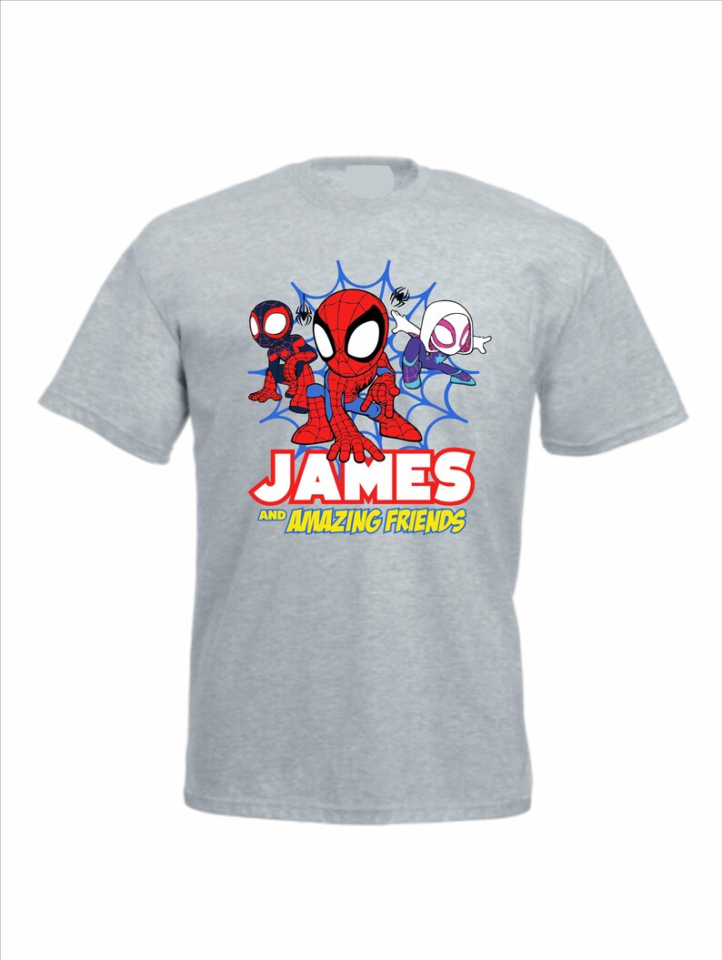 May include: A heather grey short-sleeve t-shirt featuring a graphic of three cartoon superheroes in front of a blue spiderweb. Below the characters, the text reads JAMES AND AMAZING FRIENDS in bold red, white, and yellow lettering.