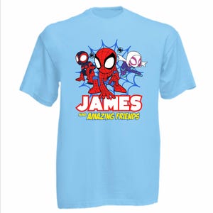 May include: A light blue short-sleeved t-shirt featuring a graphic of three cartoon superheroes in front of a blue spiderweb. Below the characters, the text reads JAMES AND AMAZING FRIENDS in bold white, red, and yellow lettering.