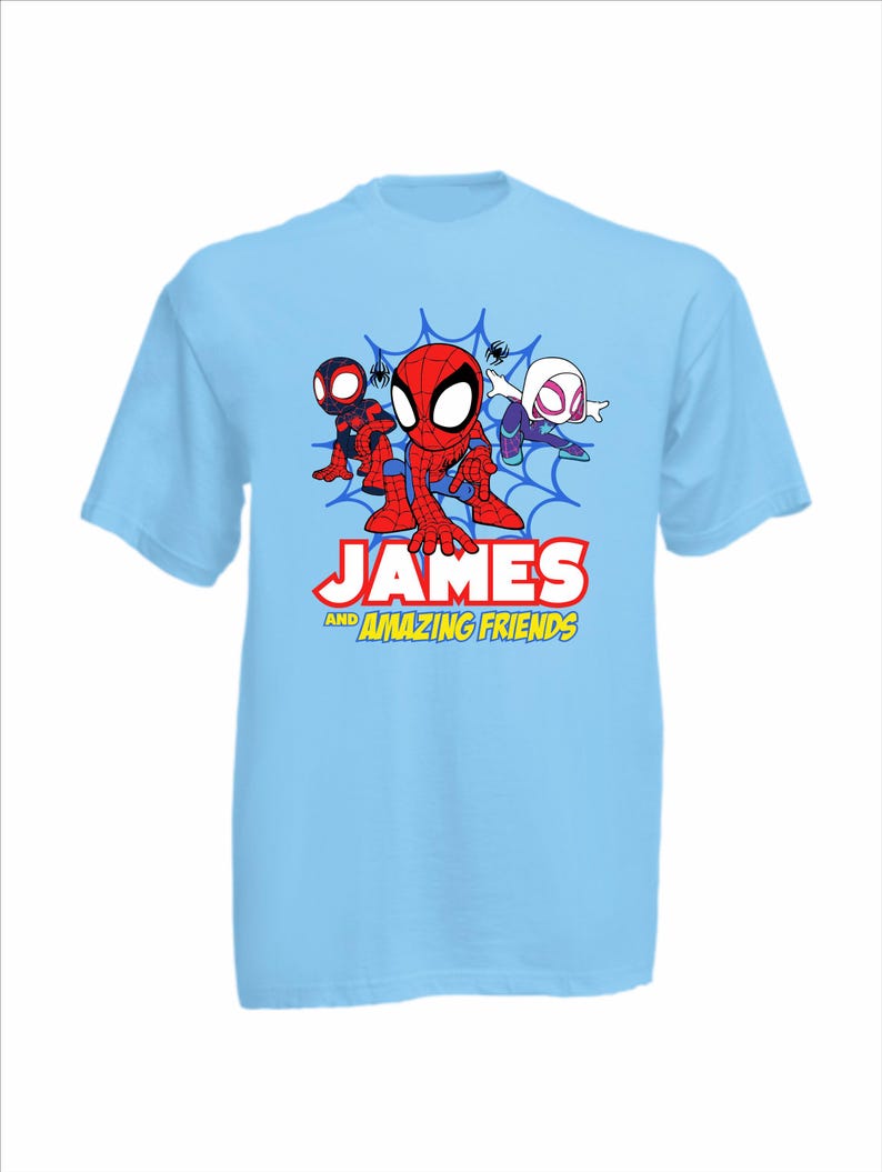 May include: A light blue short-sleeved t-shirt featuring a graphic of three cartoon superheroes in front of a blue spiderweb. Below the characters, the text reads JAMES AND AMAZING FRIENDS in bold white, red, and yellow lettering.