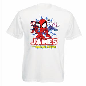 May include: A white short-sleeve t-shirt featuring a graphic of three cartoon superheroes in front of a blue spiderweb. Below the characters, the text reads "JAMES AND AMAZING FRIENDS" in red and yellow block lettering with a black outline.