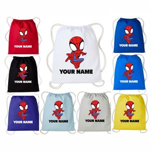 May include: A collection of nine drawstring bags in various colors including red, white, black, blue, light blue, gray, and yellow. Each bag features a cartoon spider-themed character graphic and the placeholder text YOUR NAME in black or white.