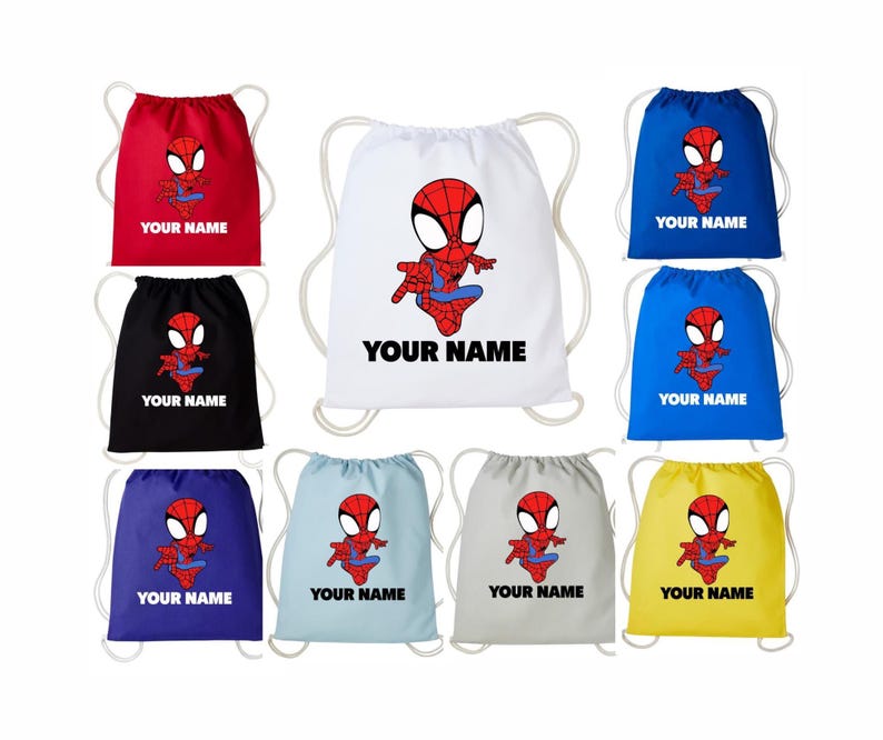 May include: A collection of nine drawstring bags in various colors including red, white, black, blue, light blue, gray, and yellow. Each bag features a cartoon spider-themed character graphic and the placeholder text YOUR NAME in black or white.