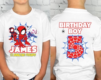 Camiseta de cumpleaños personalizada de Spidey y sus increíbles amigos, camisetas de cumpleaños de Spidey con nombre personalizado, camiseta de cumpleaños del personaje favorito de los niños.