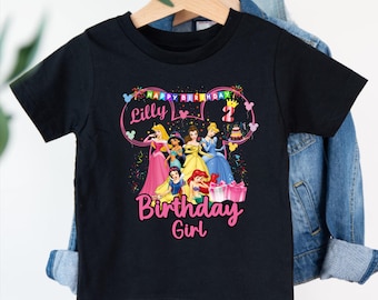 Camiseta personalizada de cumpleaños de princesa Disney, camisetas de cumpleaños de princesa Disney con nombre personalizado, camiseta de cumpleaños del personaje favorito de los niños