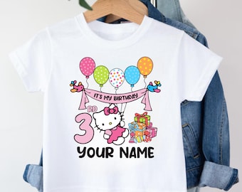 Camiseta de cumpleaños personalizada de Hello Kitty, camisetas de cumpleaños de Hello Kitty con nombre personalizado, camiseta de cumpleaños del personaje favorito de los niños
