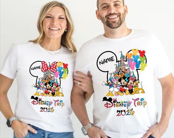 Camiseta personalizada de Disney a juego para 2026, camisetas personalizadas con nombre para viajes a Disney, camisetas para vacaciones familiares, camiseta unisex para adultos de Disney Mickey y Minnie.