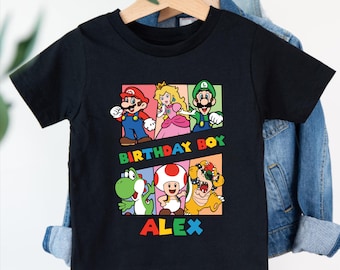 Gepersonaliseerde verjaardags-T-shirt Super Mario, aangepaste naam verjaardag Super Mario-personage T-shirts, favoriete personage verjaardag T-shirt kinderen