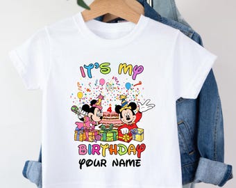 Camiseta de cumpleaños personalizada de Mickey y Minnie, camisetas de cumpleaños de Mickey y Minnie con nombre personalizado, camiseta de cumpleaños con el personaje favorito de los niños.