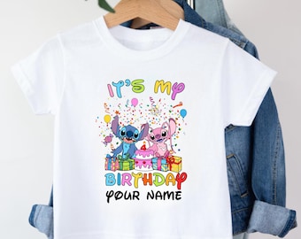 Personalised Stitch And Angel Birthday T Shirt, Custom Name Stitch And Angel Birthday T-Shirts, Kids Favorite Character Birthday Tee Top