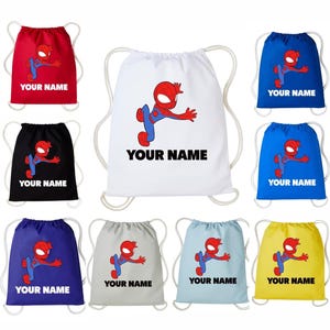 May include: A collection of nine drawstring bags in various colours including red, white, black, blue, purple, grey, light blue, and yellow. Each bag features a cartoon superhero graphic and the placeholder text YOUR NAME printed on the front.
