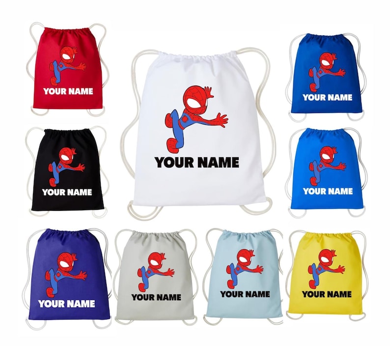 May include: A collection of nine drawstring bags in various colours including red, white, black, blue, purple, grey, light blue, and yellow. Each bag features a cartoon superhero graphic and the placeholder text YOUR NAME printed on the front.