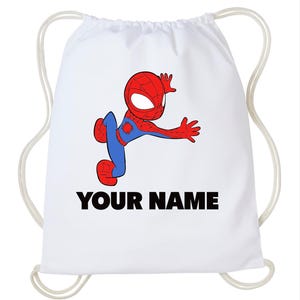 Personalised Spiderman Kids Drawstring Bag, Custom Name Kids Drawstring Backpack, Swimming Drawstring Bag, Gym Drawstring Bag WHITE