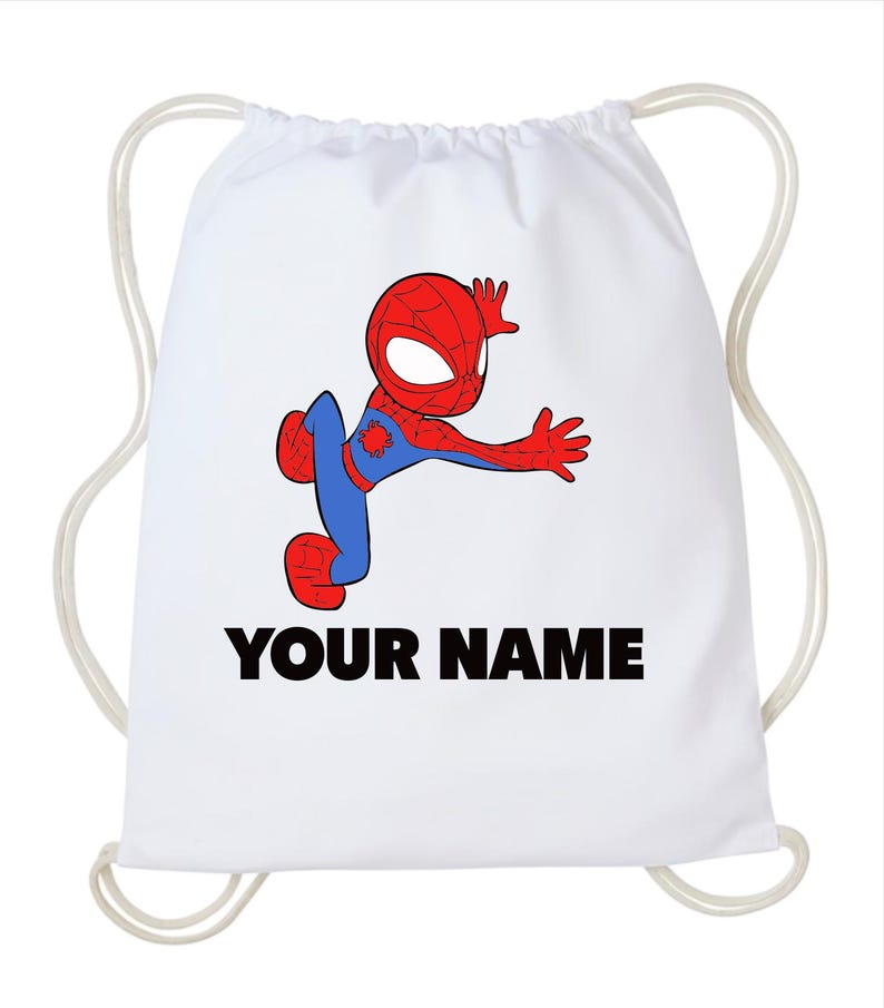 Personalised Spiderman Kids Drawstring Bag, Custom Name Kids Drawstring Backpack, Swimming Drawstring Bag, Gym Drawstring Bag WHITE