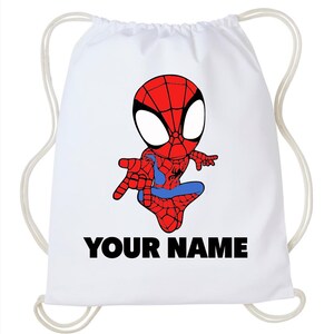 Personalised Spiderman Kids Drawstring Bag, Custom Name Kids Drawstring Backpack, Swimming Drawstring Bag, Gym Drawstring Bag WHITE