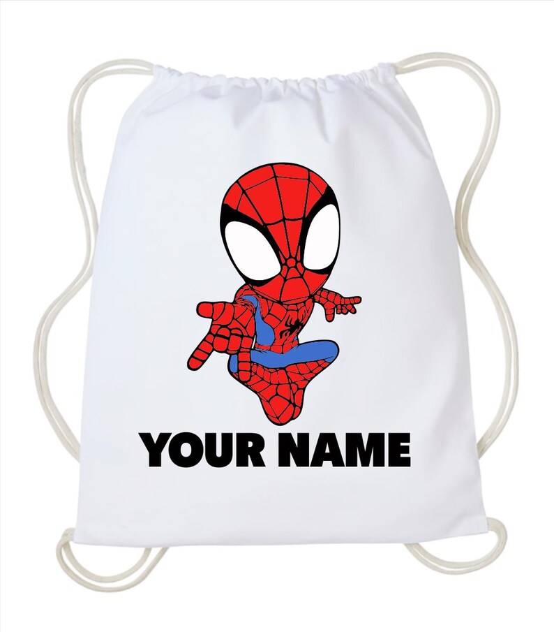 Personalised Spiderman Kids Drawstring Bag, Custom Name Kids Drawstring Backpack, Swimming Drawstring Bag, Gym Drawstring Bag WHITE