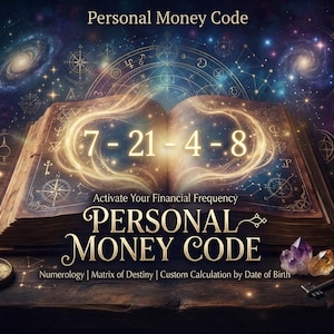 May include: An open book with the text Personal Money Code and the numbers 7-21-4-8 displayed in glowing light. The image includes the text Activate Your Financial Frequency, Numerology, Matrix of Destiny, and Custom Calculation by Date of Birth.