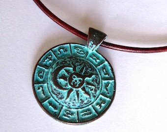 Zodiac Sign Necklace, Copper Pendant with Green Patina on a Leather Choker, Spiritual, BOHO, Tribal Style, Yoga, Meditation Jewelry