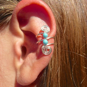 Ear Cuff, Ear Wraps, Earcuff, Single Silver Plated Ear Cuff with Double Turquoise color 3mm beads and swirls image 4