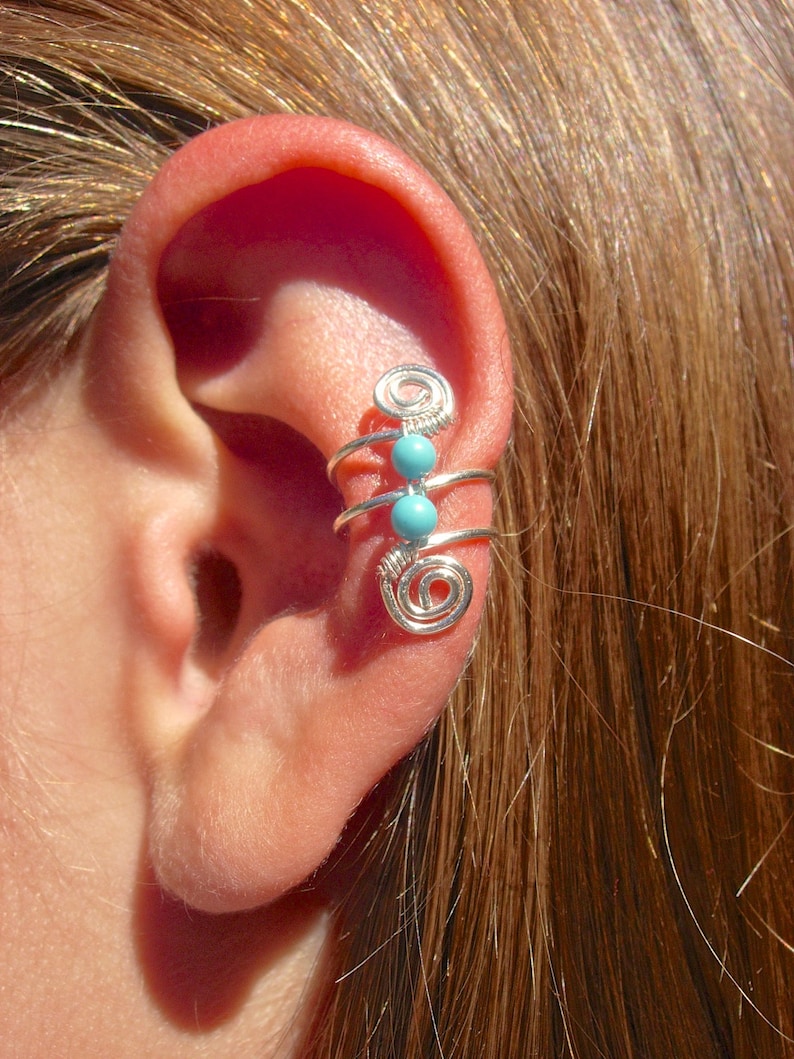 Ear Cuff, Ear Wraps, Earcuff, Single Silver Plated Ear Cuff with Double Turquoise color 3mm beads and swirls image 4