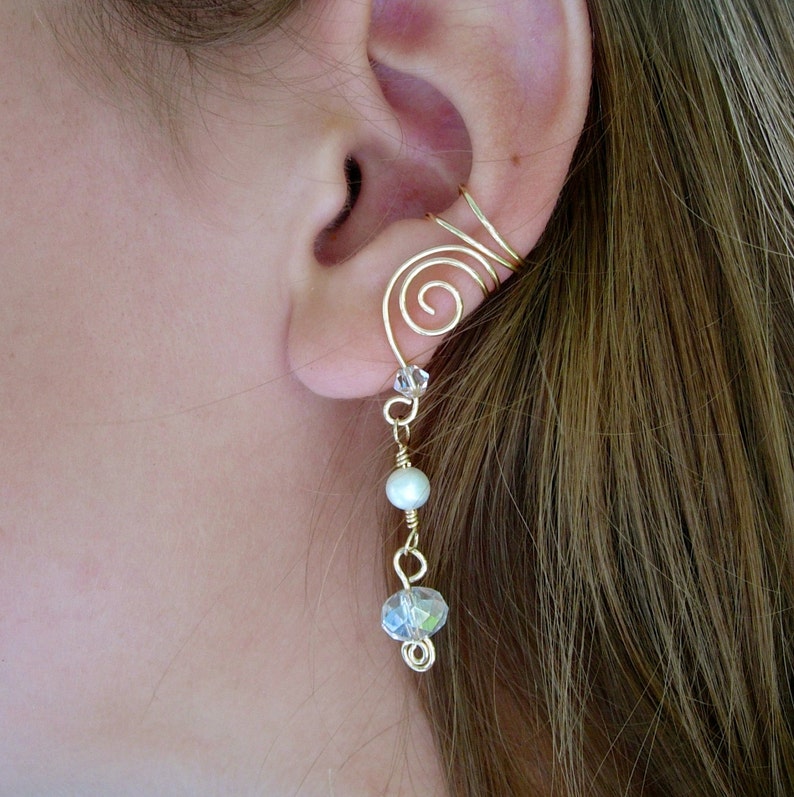 EAR CUFFS Pair of 14K Gold Filled Ear Cuffs with Genuine Fresh Water Pearls and Clear Glass Crystals June Birthstone