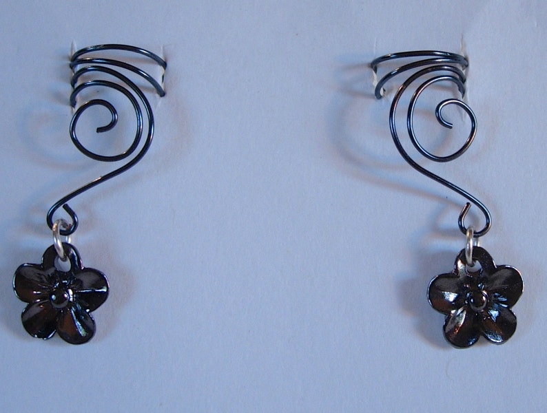 Pair of Black Plated Copper Ear Cuffs with Cute 5 Petal Flower Charm, non pierced earring alternative image 2