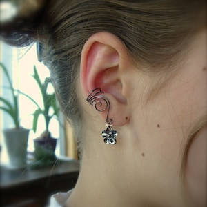 Pair of Black Plated Copper Ear Cuffs with Cute 5 Petal Flower Charm, non pierced earring alternative