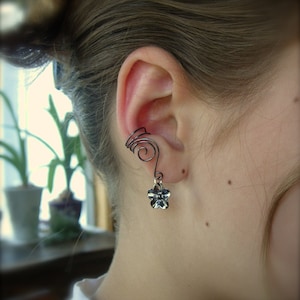 Pair of Black Plated Copper Ear Cuffs with Cute 5 Petal Flower Charm, non pierced earring alternative image 1