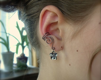 Pair of Black Plated Copper Ear Cuffs with Cute 5 Petal Flower Charm, non pierced earring alternative