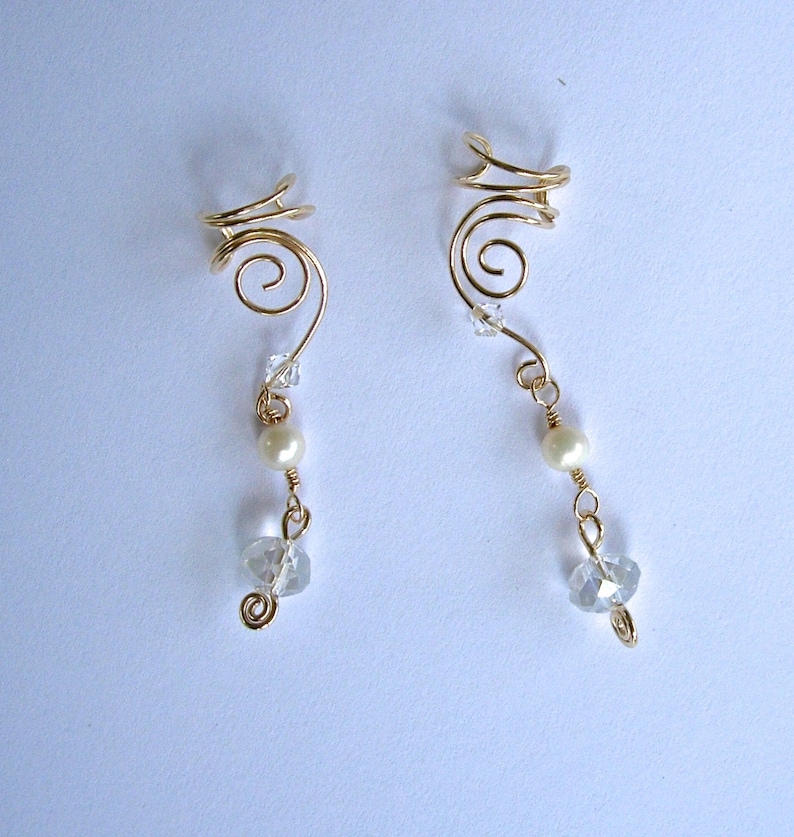 EAR CUFFS Pair of 14K Gold Filled Ear Cuffs with Genuine Fresh Water Pearls and Clear Glass Crystals June Birthstone