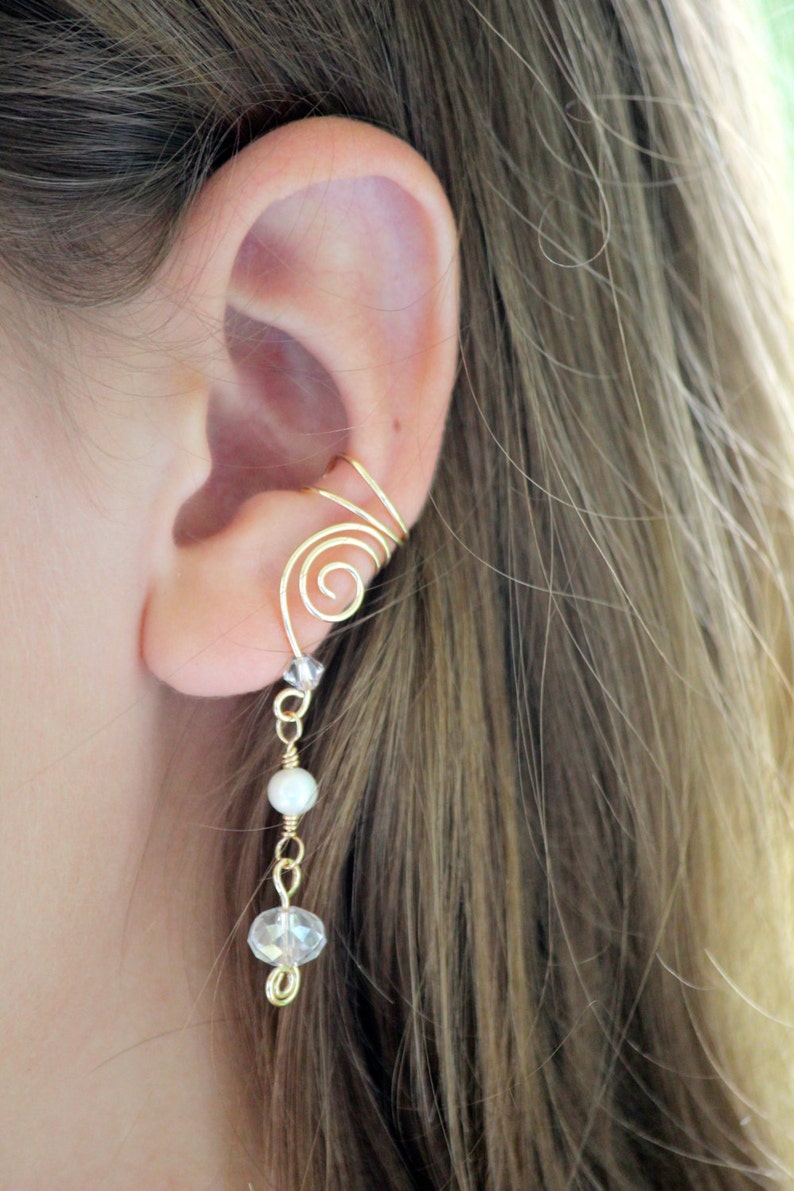 EAR CUFFS Pair of 14K Gold Filled Ear Cuffs with Genuine Fresh Water Pearls and Clear Glass Crystals June Birthstone