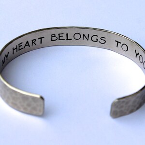 Couples Jewelry: My Heart Belongs To You, Inspirational Hand Stamped Bracelet Bangle Cuff