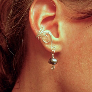 EAR CUFFS Pair of Solid Sterling Silver Ear Cuffs with Genuine Peacock Fresh Water Pearls image 1