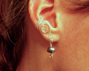 EAR CUFFS Pair of Solid Sterling Silver Ear Cuffs with Genuine Peacock Fresh Water Pearls