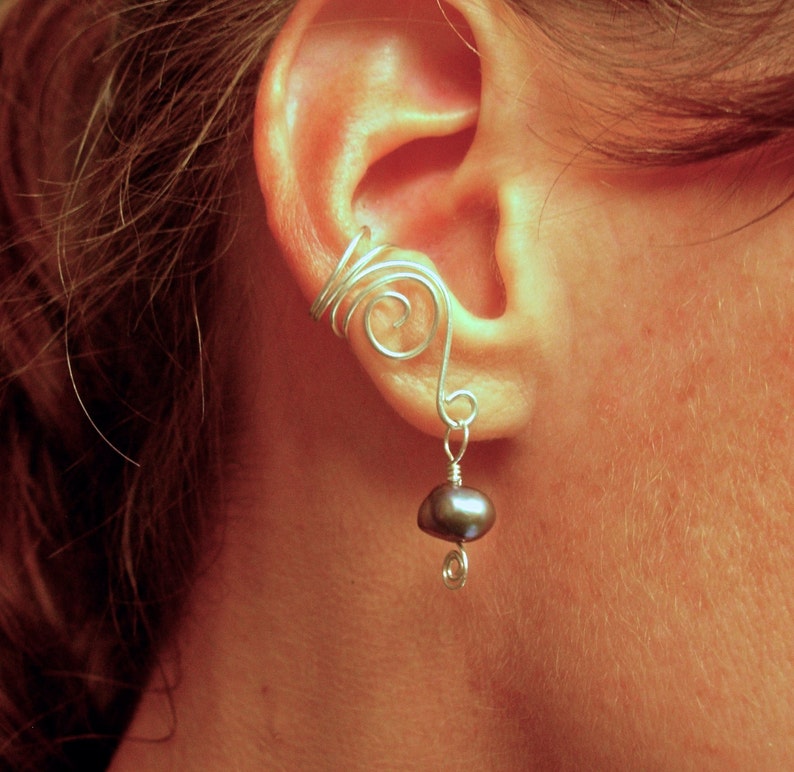 EAR CUFFS Pair of Solid Sterling Silver Ear Cuffs with Genuine Peacock Fresh Water Pearls image 1