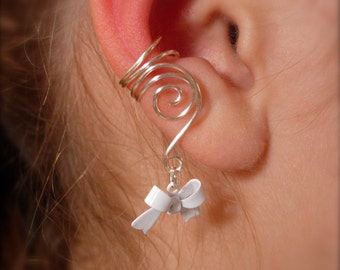 Earcuffs, Ear Wraps, Pair of Silver Ear Cuffs with White Bow Charms, non pierced Earring alternative