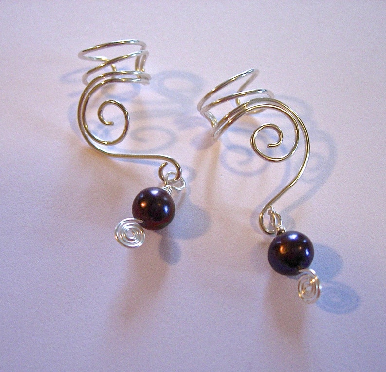 EAR CUFFS Pair of Solid Sterling Silver Ear Cuffs with Genuine Peacock Fresh Water Pearls image 3
