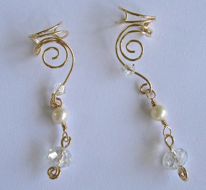EAR CUFFS Pair of 14K Gold Filled Ear Cuffs with Genuine Fresh Water Pearls and Clear Glass Crystals June Birthstone