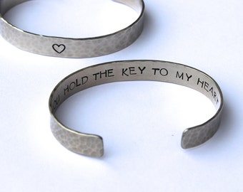 Couples Jewelry Set: You Hold the Key to My Heart Inspirational Hand Stamped Bracelet Bangle Cuff, Available as a Set of Two Key and Heart