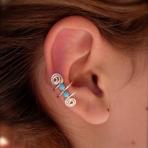 Ear Cuff, Ear Wraps, Earcuff, Single Silver Plated Ear Cuff with Double Turquoise color 3mm beads and swirls