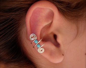 Ear Cuff, Ear Wraps, Earcuff, Single Silver Plated Ear Cuff with Double Turquoise color 3mm beads and swirls