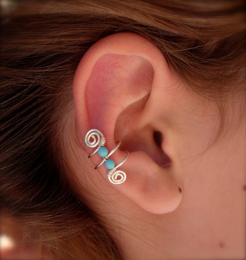 Ear Cuff, Ear Wraps, Earcuff, Single Silver Plated Ear Cuff with Double Turquoise color 3mm beads and swirls image 1