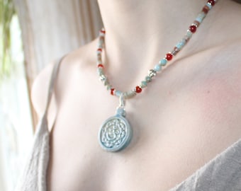 Yoga Necklace, Elegant Om (Ohm) Sanskrit Pendant on a strand of Impression Jasper and Ruby Jade 17 inch Yoga Tribal Meditation Jewelry