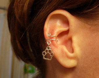 Ear Cuff, Silver Cuff with an Adorable Paw Print Charm Available in Sterling SIlver or Silver Plated Wire