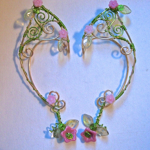Pair of GoldenWoven Wire Elf Ear Cuffs with Czech Glass Flowers and Green Leaves Renaissance, Elven