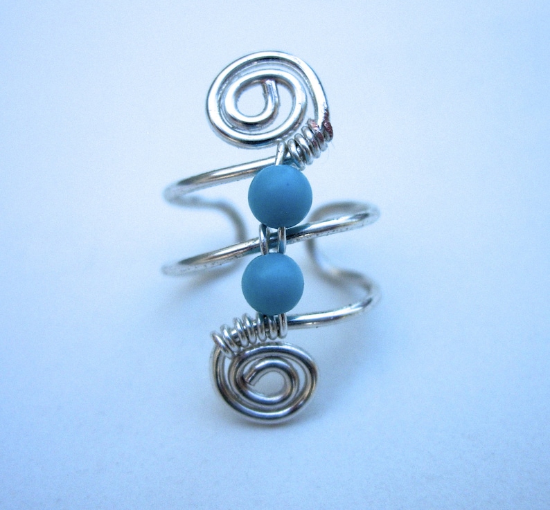 Ear Cuff, Ear Wraps, Earcuff, Single Silver Plated Ear Cuff with Double Turquoise color 3mm beads and swirls image 5