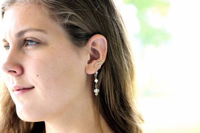 EAR CUFFS Pair of 14K Gold Filled Ear Cuffs with Genuine Fresh Water Pearls and Clear Glass Crystals June Birthstone